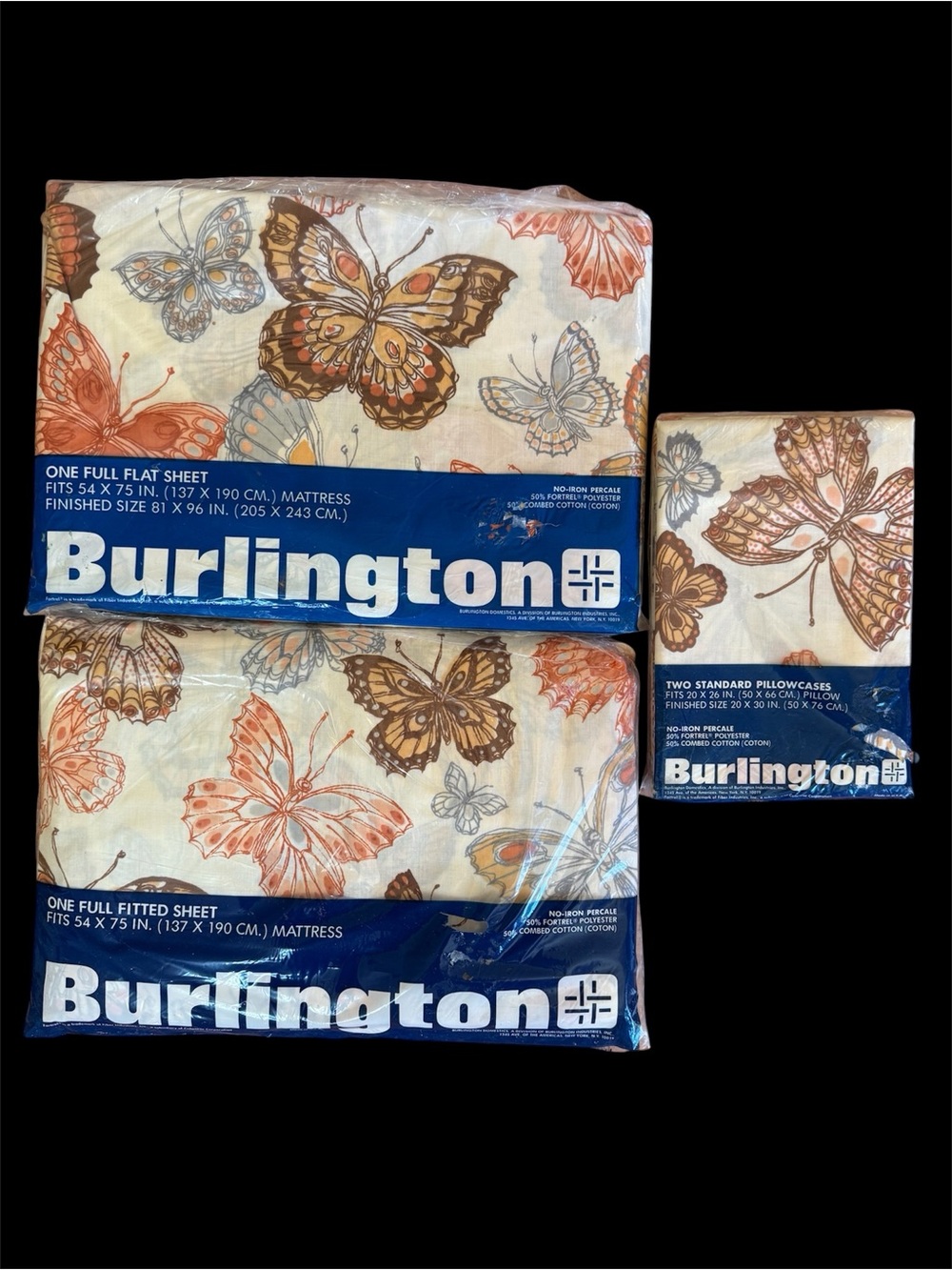 VTG Butterfly-Print Full Sheet Set in Orange, Brown, & Cream - New In Package